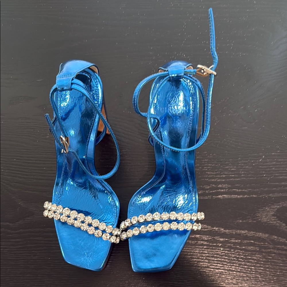 Alexandre Birman Blue Metallic Heels with Crystal Embellishments